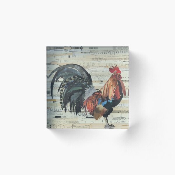 Rooster Collage Art Unique Acrylic Block