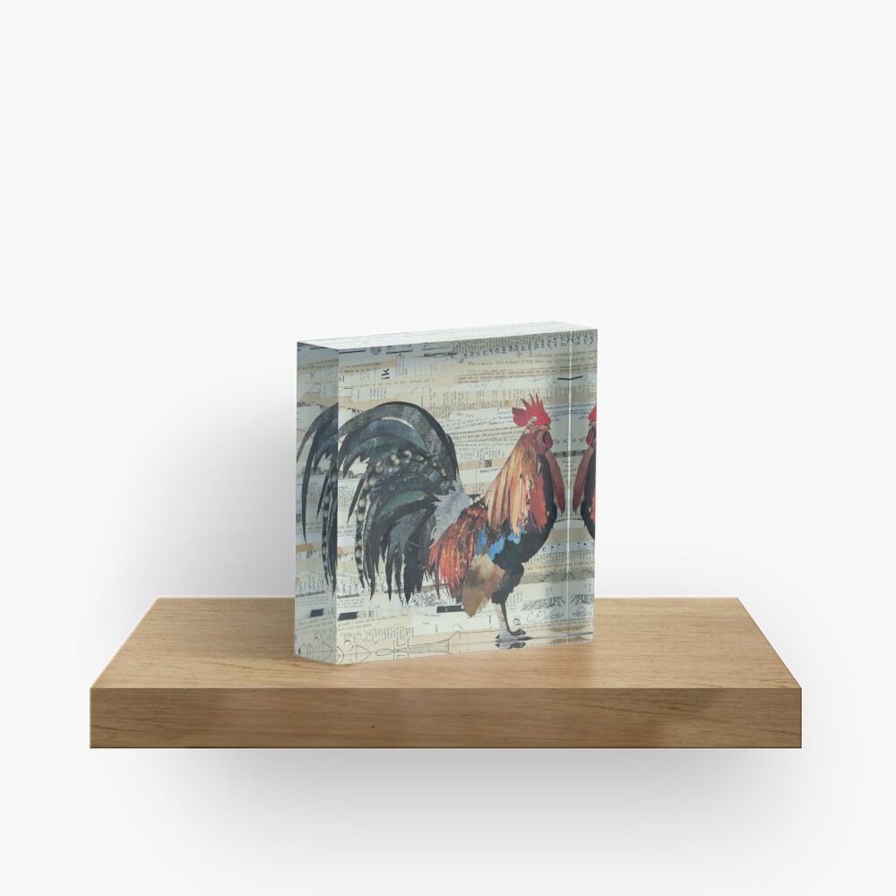 Rooster Collage Art Unique Acrylic Block