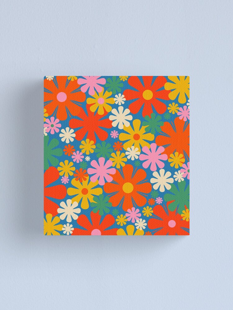 Colorful Flowers Retro 60s Aesthetic Floral Pattern on Blue Canvas Print  for Sale by kierkegaard