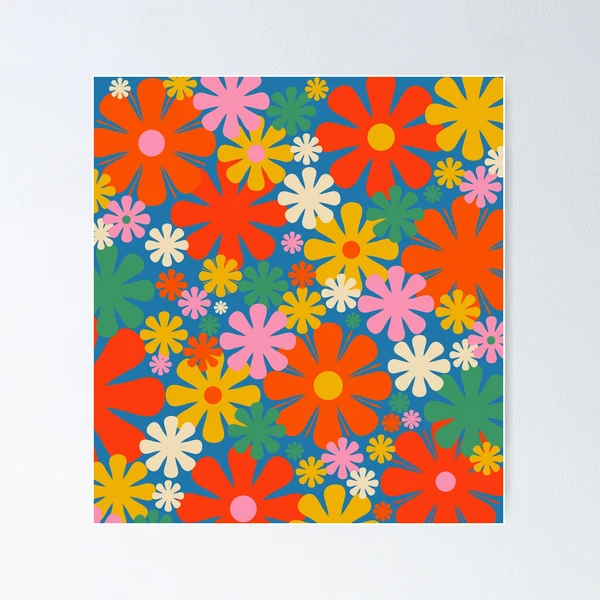 Colorful Flowers Retro 60s Aesthetic Floral Pattern on Blue | Poster