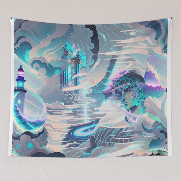 Item preview, hellenism, ancient greece, modern fret, clouds, neon, opal, abstraction, lighthouse, ship, meander designed and sold by Maria Mihailova.