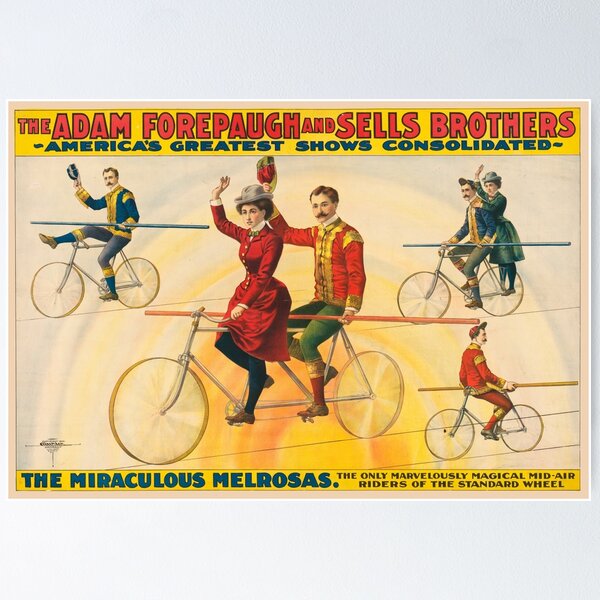 Item preview, STK501843A-Vintage circus poster of bicycle riders on tightrope. designed and sold by StocktrekImages.