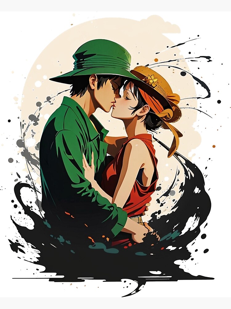 Anime drawing of a girl hugging luffy from one piece