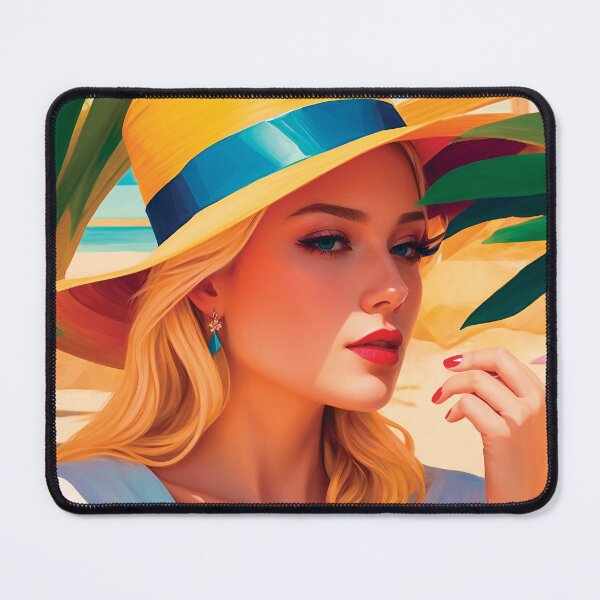 Item preview, Beautiful Classy Woman In Hat On A Beach With Palm Trees Eating Hot Summer Fruits Stylish Painting designed and sold by TriniTeeClub.