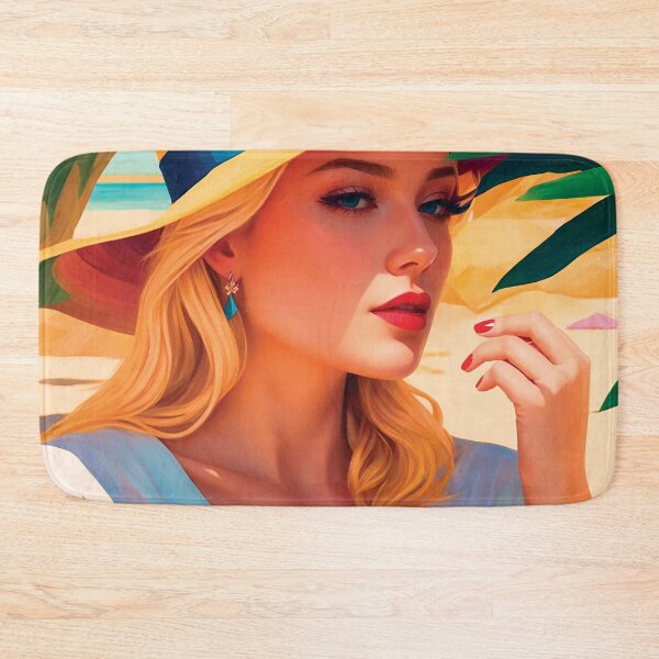 Item preview, Beautiful Classy Woman In Hat On A Beach With Palm Trees Eating Hot Summer Fruits Stylish Painting designed and sold by TriniTeeClub.