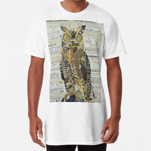 Great Horned Owl Unique Collage Art Long T-Shirt