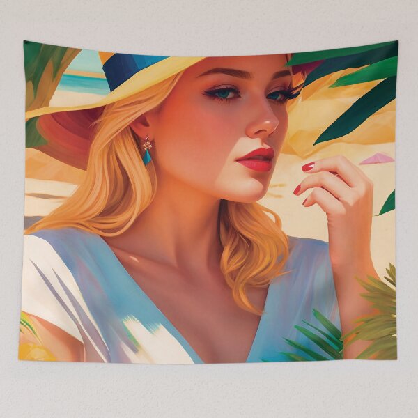 Item preview, Beautiful Classy Woman In Hat On A Beach With Palm Trees Eating Hot Summer Fruits Stylish Painting designed and sold by TriniTeeClub.