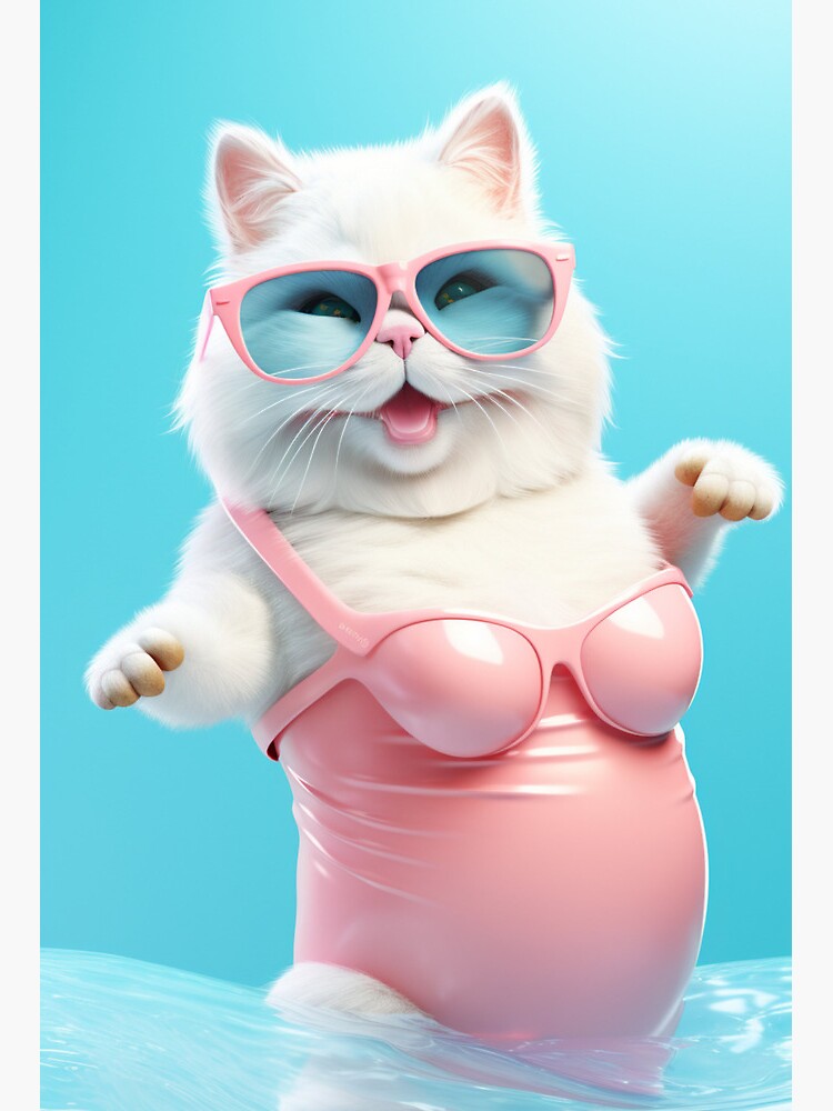 Cute Fat Cat Wearing Sexy Swimsuit Playing in the Water Happily. Pastel Colors. Art Board Print