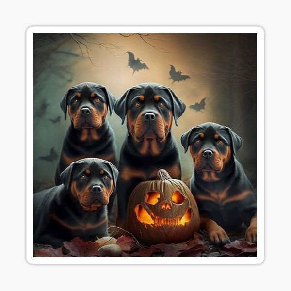 A Group Of Rottweilers Sit Around A Pumpkin Sticker For Sale By