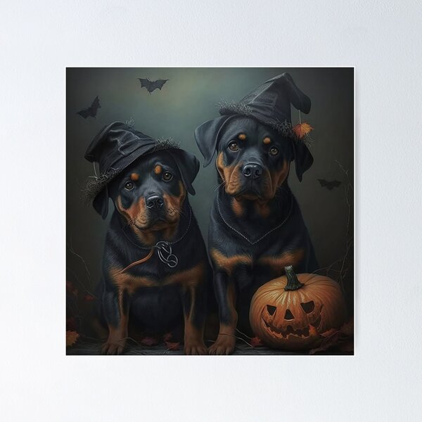 Aperçu de l'œuvre Deux rottweilers posent avec des chapeaux de sorcière créée et vendue par naturemenagerie.