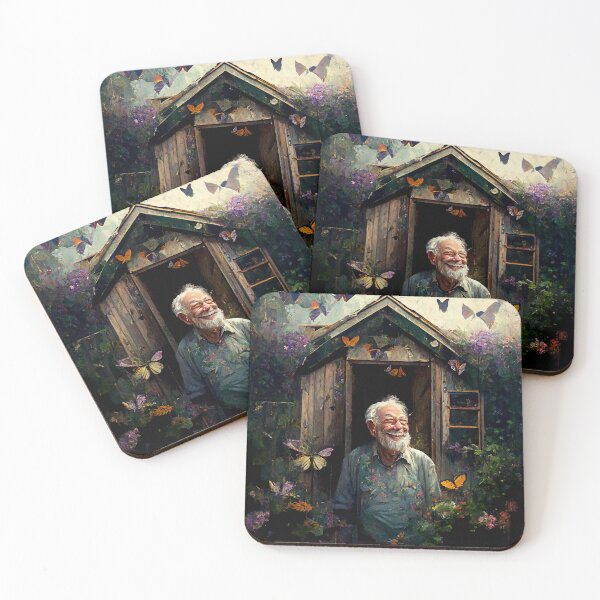 Item preview, A happy old man outside his shed surrounded by butterflies designed and sold by naturemenagerie.