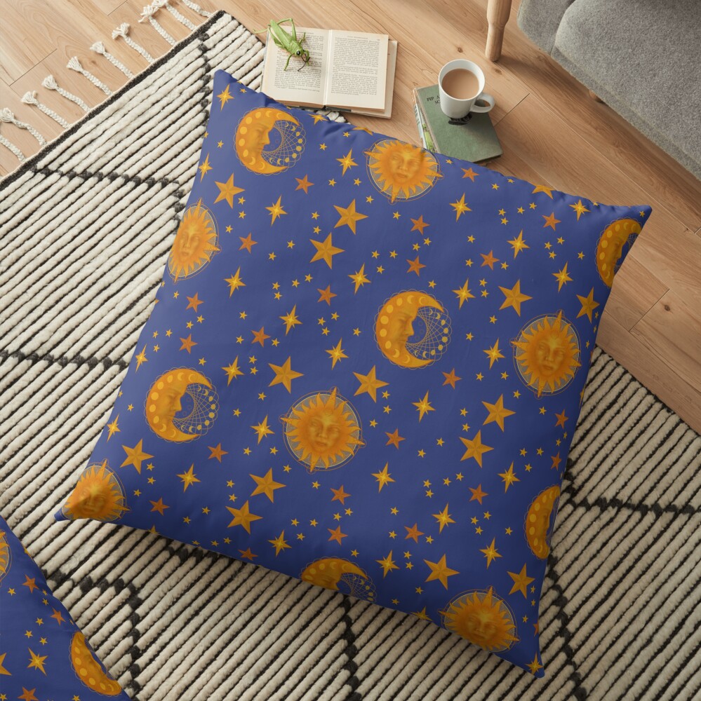 Bohemian 90's Sun and Moon Celestial Pattern Floor Pillow
