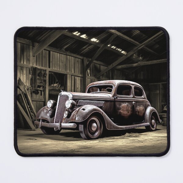 Item preview, Un-captioned Black & White Digital Image Of An Abandoned Vintage Car In An Old Barn designed and sold by liminal-concept.