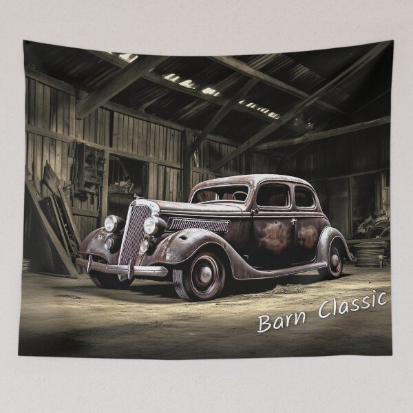 Item preview, Black & White Digital Image Of An Abandoned Vintage Car In An Old Barn designed and sold by liminal-concept.