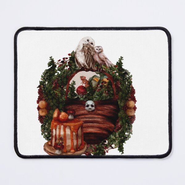 Item preview, Dark Academia Aesthetic: Goblincore Market Gotic Watercolor Picnic Basket, Owls, Mice, Pears, Dark Berries, Redcap mushrooms designed and sold by Monica Laipple.