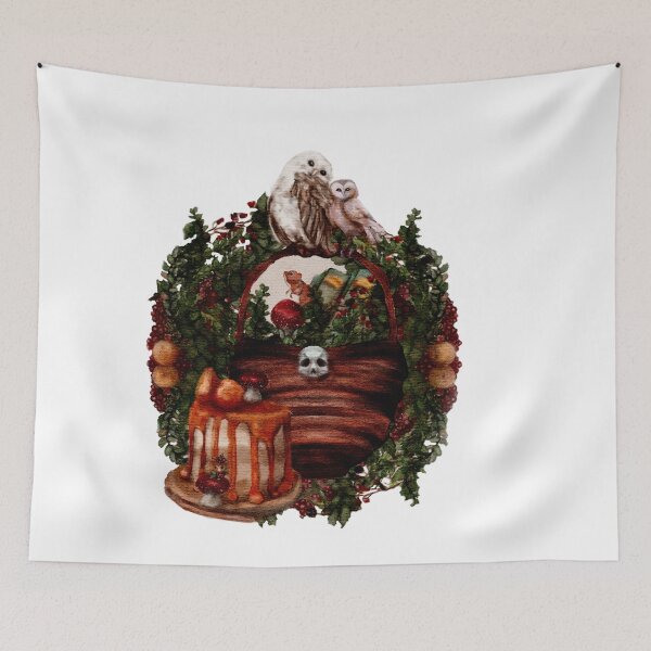 Item preview, Dark Academia Aesthetic: Goblincore Market Gotic Watercolor Picnic Basket, Owls, Mice, Pears, Dark Berries, Redcap mushrooms designed and sold by Monica Laipple.