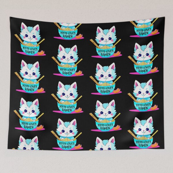 Item preview, Kitty loves ramen, cute colourful kawaii kitten tucking into a bowl of ramen,  designed and sold by allycat57.