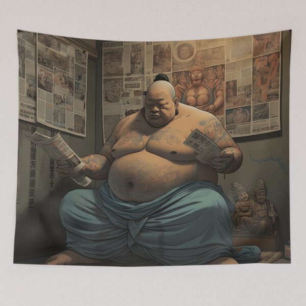 Item preview, A Fat Japonese Man Reading a Newspaper Illustration designed and sold by Sketch-Shack.