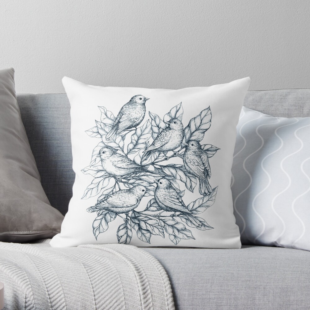 Autumn birds - Bird illustration and Pattern Throw Pillow