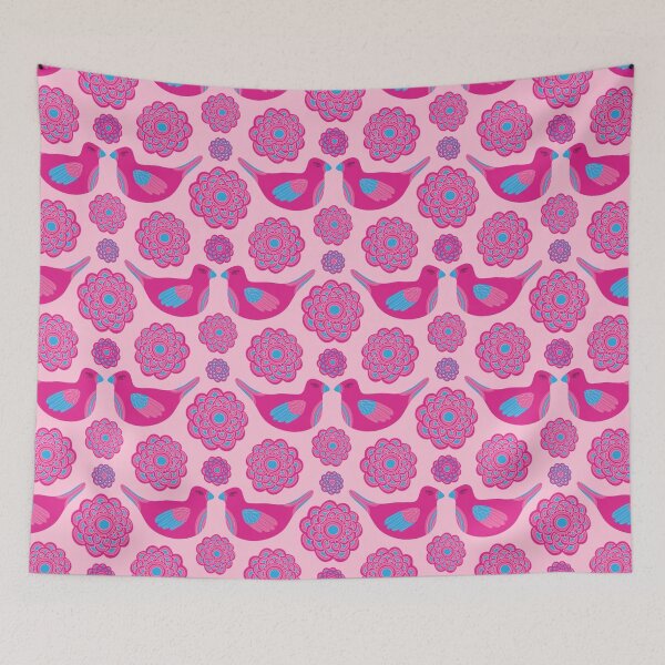Item preview, LOVELY Cute Love Birds and Big Floral Bloom Flowers in Hot Barbiecore Dark Fuchsia Pink on Light Barbie Pink - UnBlink Studio by Jackie Tahara designed and sold by Jackie Tahara of UnBlink Studio.