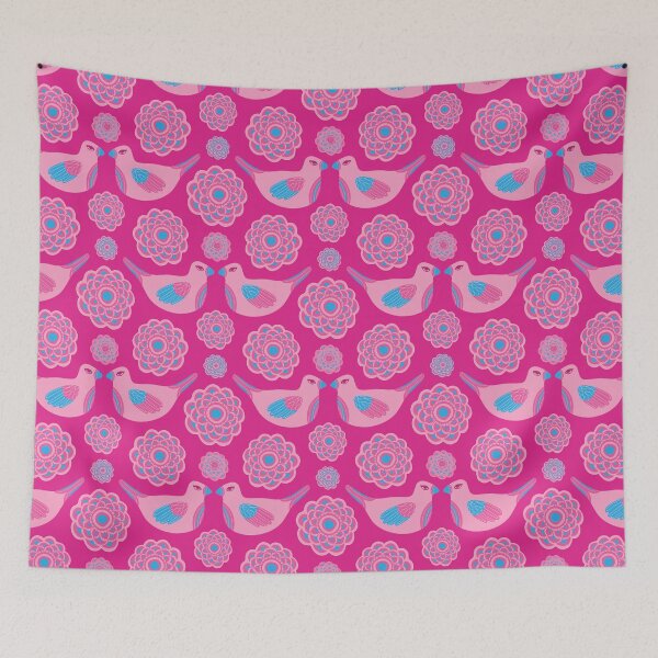 Item preview, LOVELY Cute Love Birds and Big Floral Bloom Flowers in Barbiecore Light Pink on Fuchsia Hot Barbie Dark Pink - UnBlink Studio by Jackie Tahara designed and sold by Jackie Tahara of UnBlink Studio.