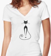 Black cat silhouette Women's Fitted V-Neck T-Shirt