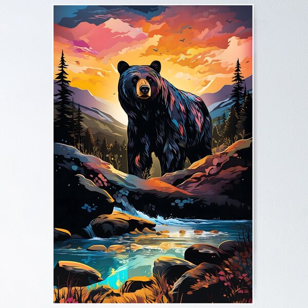 Artikel-Vorschau von Braunbär, Grizzlybär, farbenfrohe Malerei, Straßenkunst, Berglandschaft, Sonnenuntergang, Fluss, Wald, designt und verkauft von MyWonderfulArt.