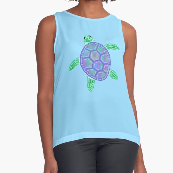 Disover Turtle illustration with purple, green, blue marbled shell | Sleeveless Top