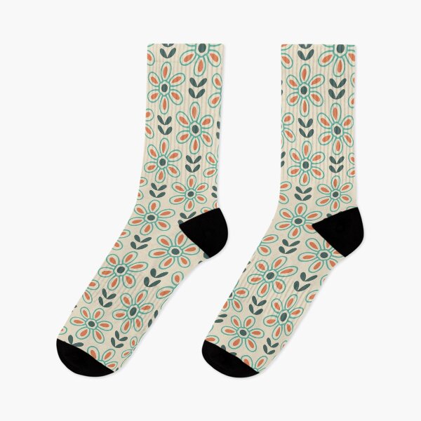 Item preview, KF 0121 C - Vintage Retro 70s Floral Pattern In Teal and Orange on Cream designed and sold by KhakiFinch.