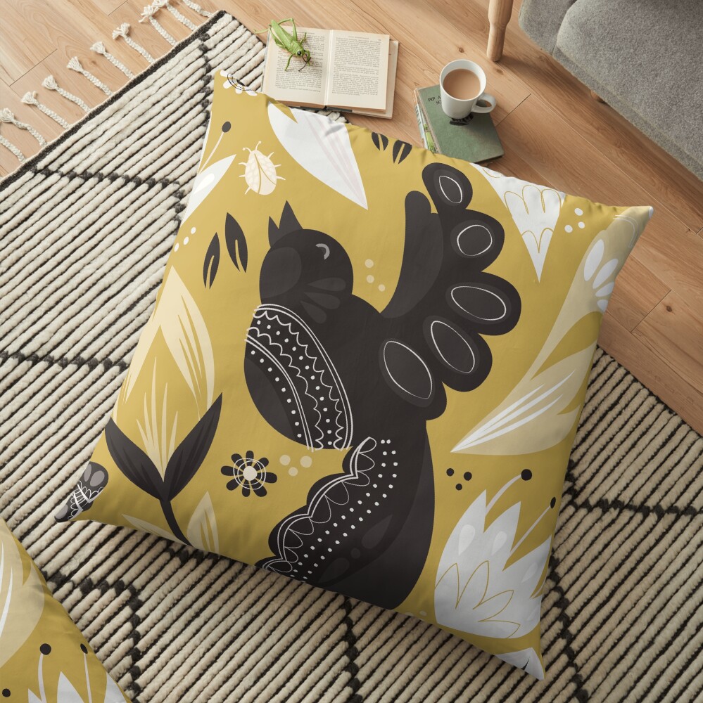 Birds and the Bugs - Yellow Floor Pillow