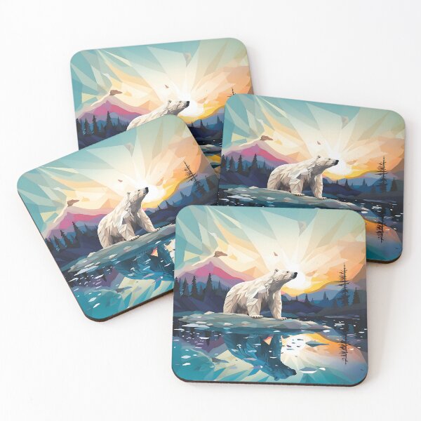 Item preview, bear grazer, polar bear, mountain, ice floe, sunset, reflections, colorful, painting designed and sold by MyWonderfulArt.