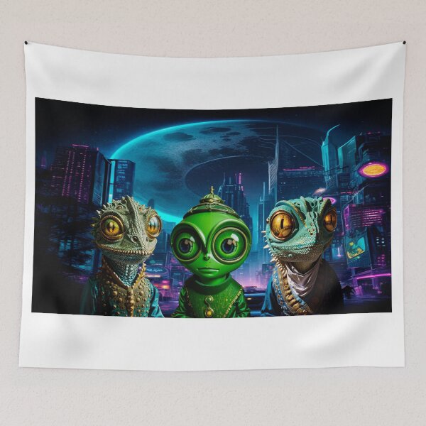 Item preview, A Fantastic Alien City at Night With Three Cute Aliens designed and sold by OnlyClassicArt.