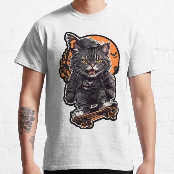 Street Cat Riding Fish Skateboard T-Shirt - GREY