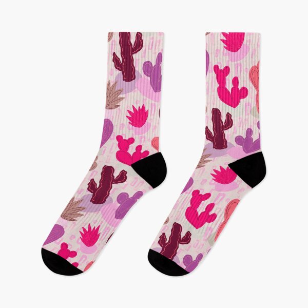 Item preview, Illustrated Desert Cactus Pattern with tossed rocks Vintage Malibu Pink Colors and rectangles designed and sold by Sockstomistic.