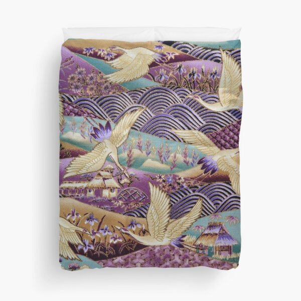 Japanese Crane kimono style embroidered pattern Duvet Cover