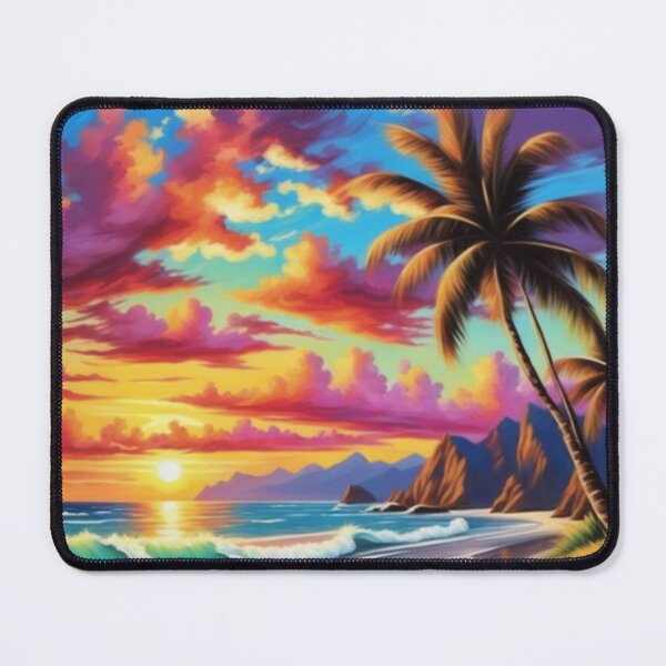 Item preview, sunset clouds palm trees mountains and waves beach art designed and sold by Fantsy-world.