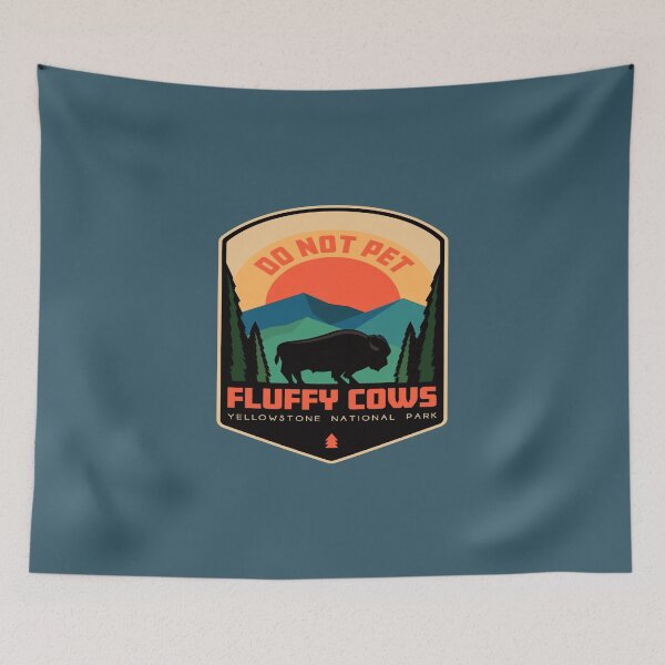 Item preview, Dont Pet The Fluffy Cows Yellowstone National Park Illustrated Bison Buffalo Vintage Sunset and Mountains designed and sold by HarleyStanworth.