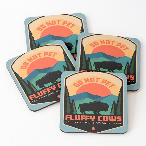 Item preview, Dont Pet The Fluffy Cows Yellowstone National Park Illustrated Bison Buffalo Vintage Sunset and Mountains designed and sold by HarleyStanworth.