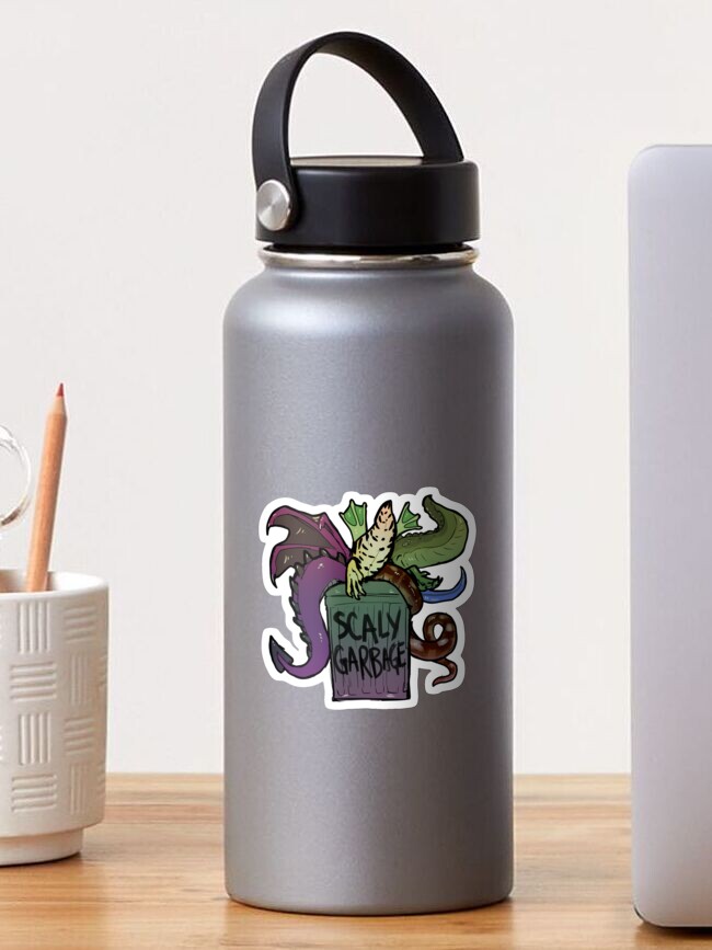 Thumbnail 1 of 3, Sticker, scaly things! and a frog! in a trash can! designed and sold by critical-error.