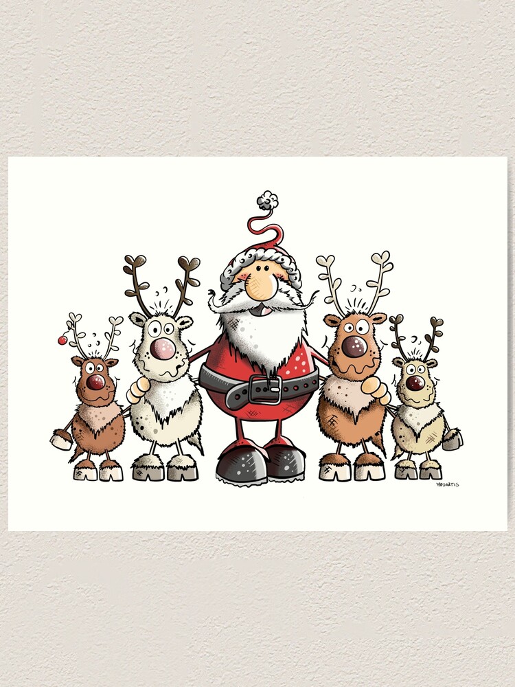 Funny Santa Claus Between Reindeers Art Print By Modartis Redbubble