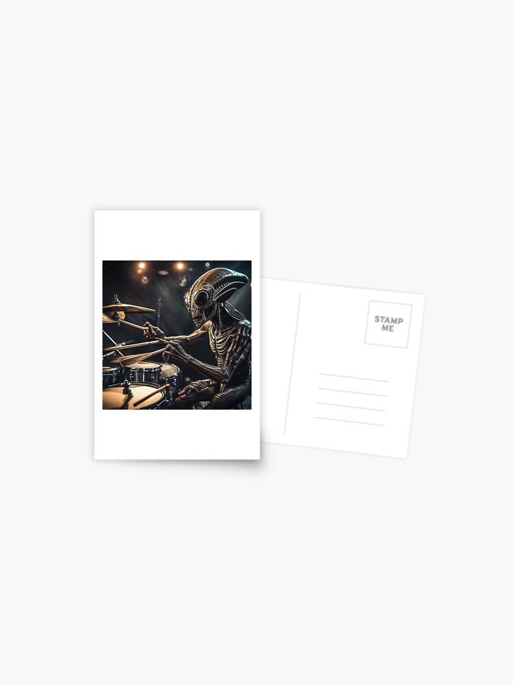 Thumbnail 1 of 2, Postcard, Alien Drummer in a Rock Band designed and sold by LenCarol.