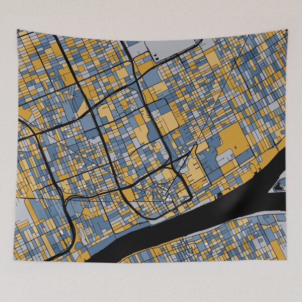 Aperçu de l'œuvre Motif de carte de Detroit en bleu et or créée et vendue par PatternMaps.
