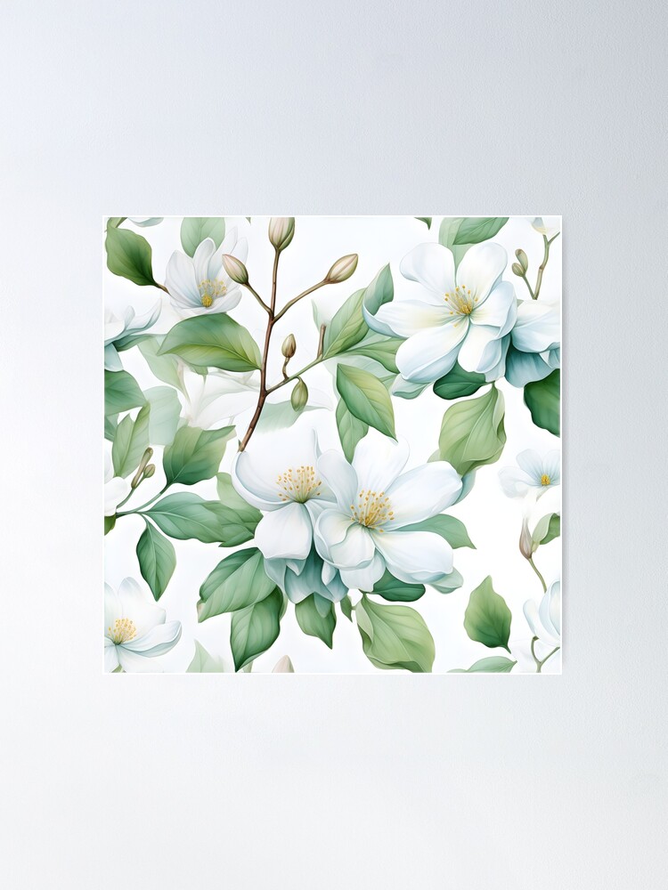 Jasmine flowers, Floral Seamless Pattern watercolor style | Poster