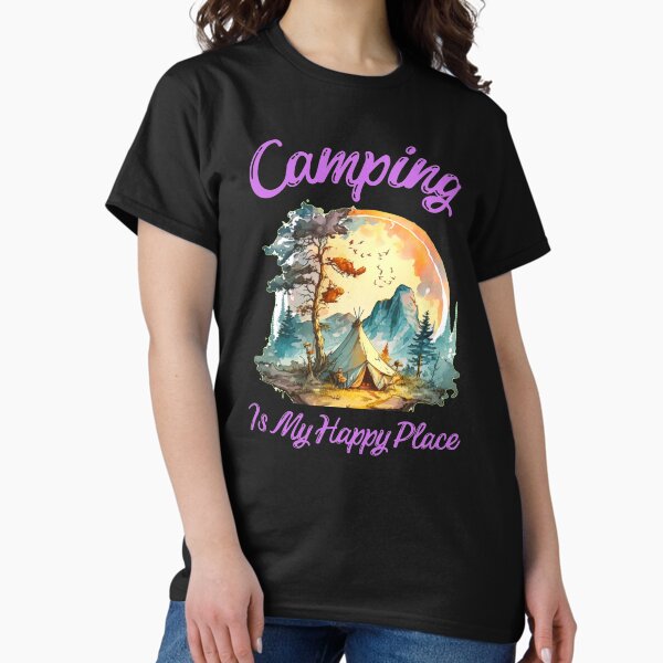 Aperçu de l'œuvre Le camping est mon endroit heureux. scène de montagne créée et vendue par HikingGalleria.