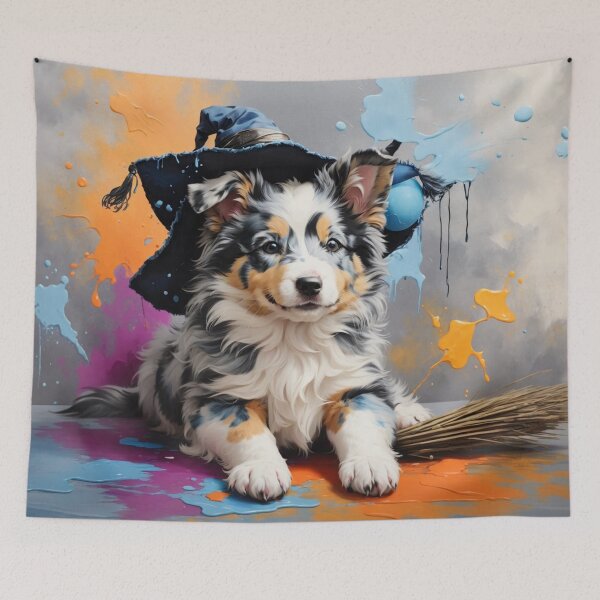 Item preview, Blue Merle Collie Puppy Portrait With A Halloween Hat designed and sold by Wolfheartart.