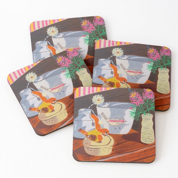 Item preview, Still life with Ceramic cups,  flower pot and Robin statue  designed and sold by Kiruthikaarts.
