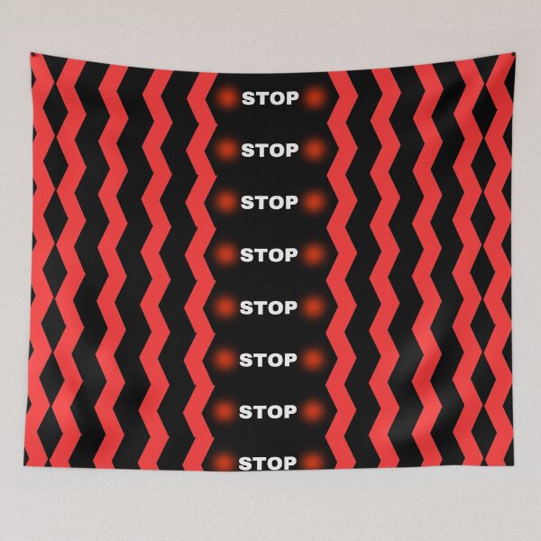 Item preview, Stop Warning sign tape on black background. Red dual side direction arrow reflection shiny tape designed and sold by Giree07.