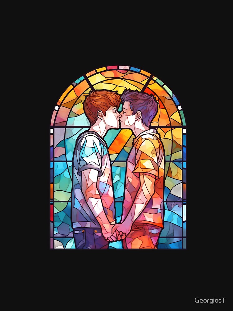 Aperçu 3 sur 3. T-shirt baseball manches ¾ avec l'œuvre Art du vitrail d'amour gay créée et vendue par GeorgiosT.