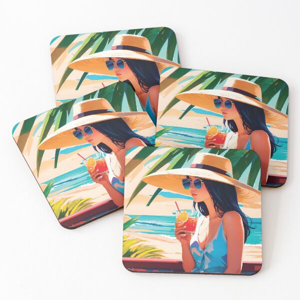 Item preview, Stylish Vacation Girl In Summer Dress Enjoying Holidays On A Beach Drinking Under A Palm Tree Simplistic Poster designed and sold by TriniTeeClub.