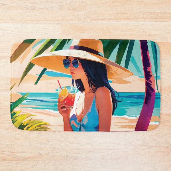 Item preview, Stylish Vacation Girl In Summer Dress Enjoying Holidays On A Beach Drinking Under A Palm Tree Simplistic Poster designed and sold by TriniTeeClub.